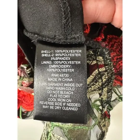 Beige by eci Black Embroidered Floral Blouse Sheer Bell Sleeve L Lined Party D31 - Picture 4 of 7